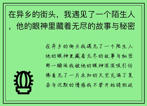在异乡的街头,我遇见了一个陌生人,他的眼神里藏着无尽的故事与秘密 在异乡的街头,我遇见了一个陌生人,他的眼神里藏着无尽的故事与秘密