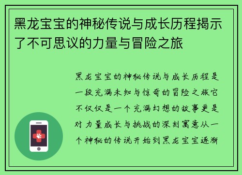 黑龙宝宝的神秘传说与成长历程揭示了不可思议的力量与冒险之旅